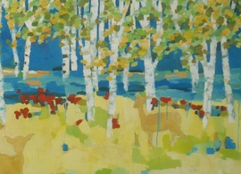 Leonore Maria Pflanzer, Bild "Rehe am See im Birkenwald", Ausstellung Birkenblau im Kloster Benediktbeuern, 2022